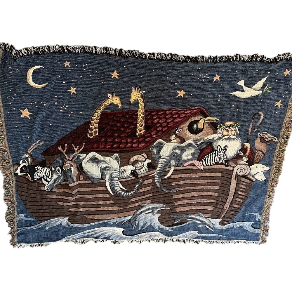 Vtg Woven Throw Blanket Noahs Ark Animals Fringed 65”x50”